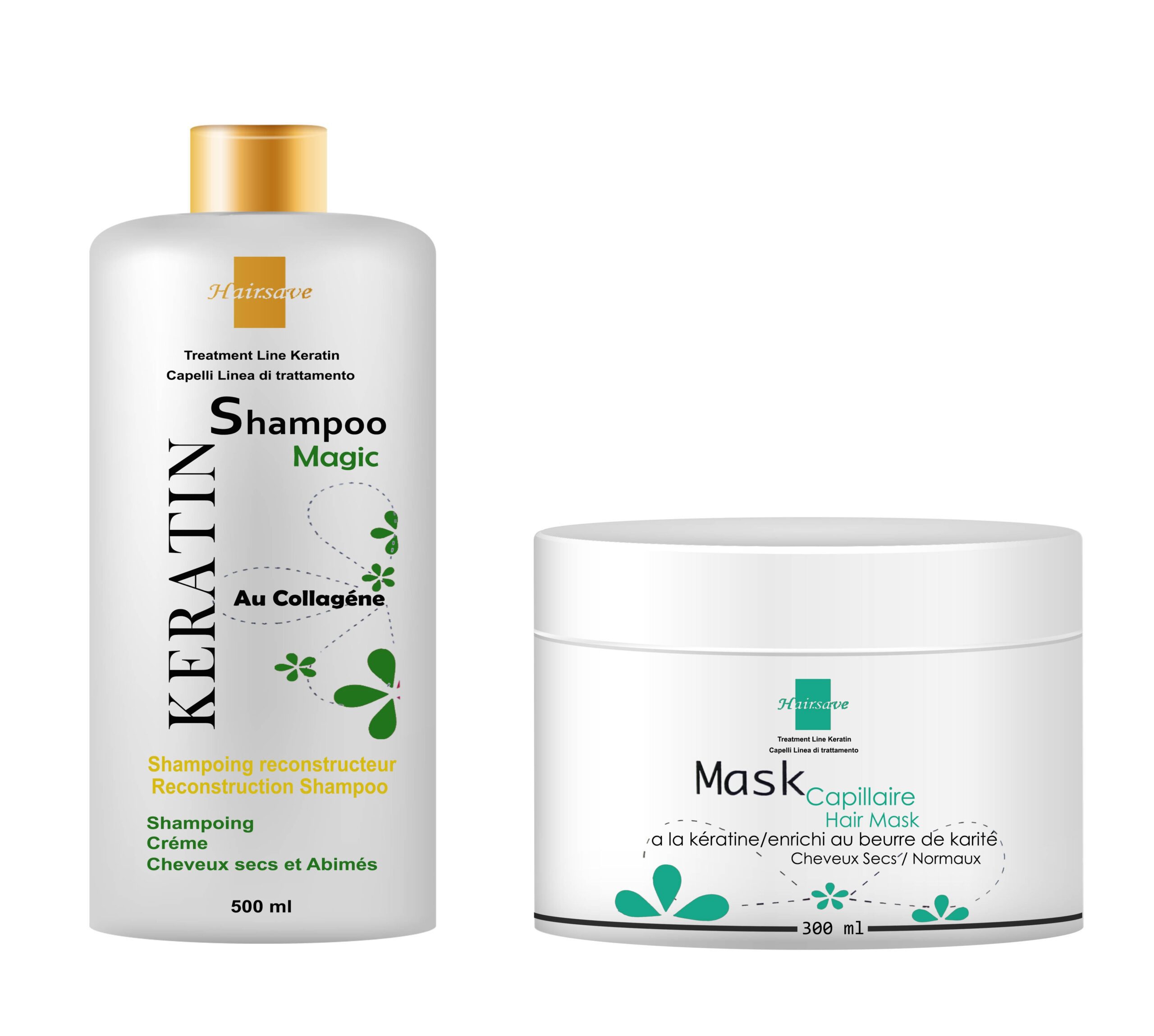 Pack Kératine – Shampooing (500ml) + Masque (300ml) de Hairsave Pour cheveux secs et abimés