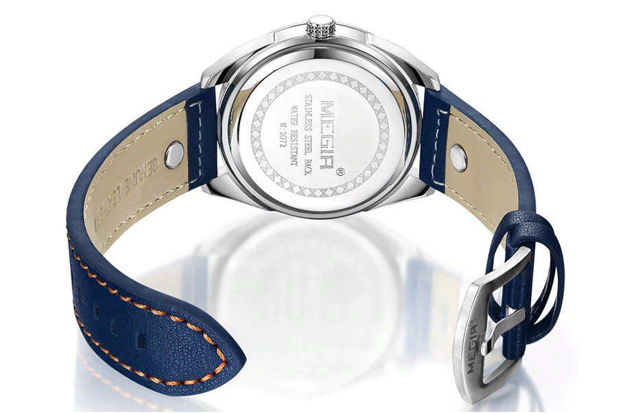 Montre MEGIR 2072 Bleu Homme Chronographe a quartz Créative Luxe Sport Cuir Bracelet Lumineux