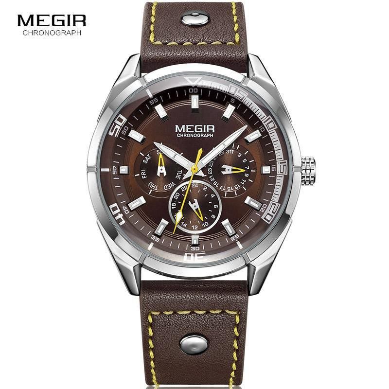 Montre MEGIR 2072 Marron Homme Chronographe a quartz Créative Luxe Sport Cuir Bracelet Lumineux