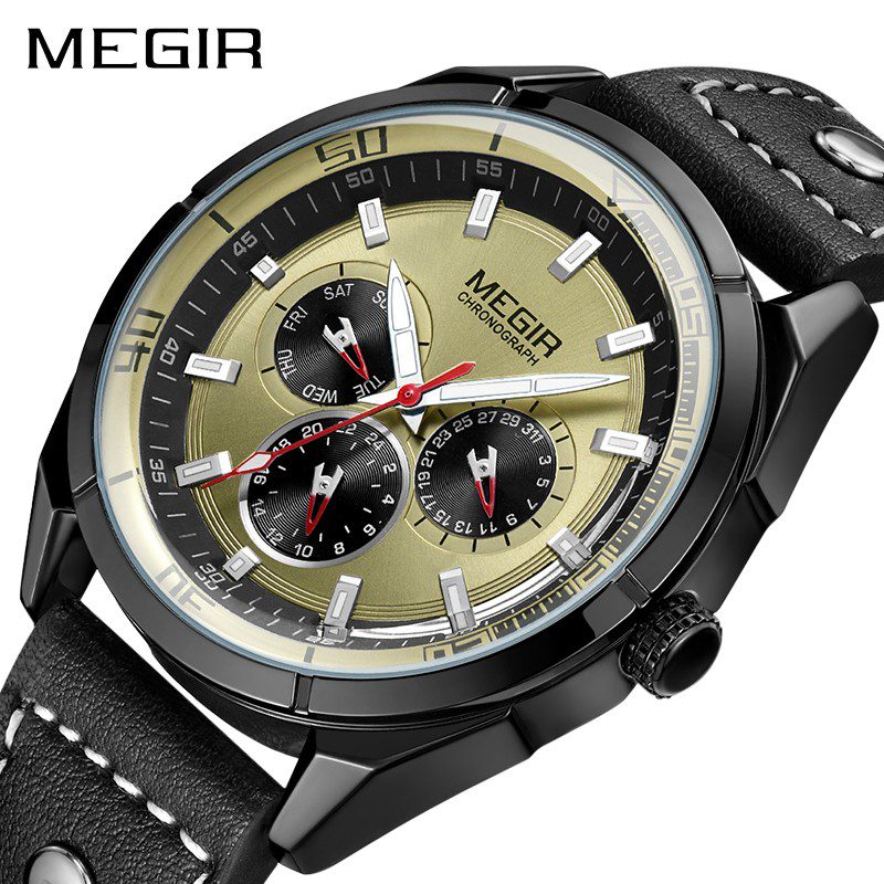 Montre MEGIR 2072 Noir Homme Chronographe a quartz Créative Luxe Sport Cuir Bracelet Lumineux
