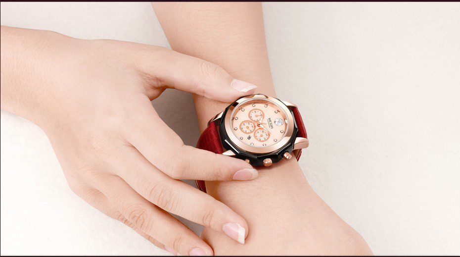 MEGIR 2042 Rouge Montre Femme Chronographe bracelet en cuir montres à quartz avec date lumineux