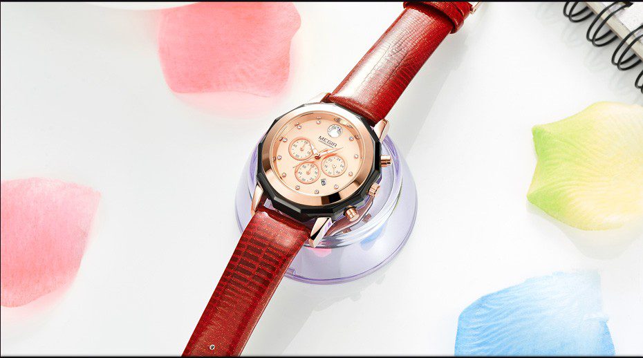 MEGIR 2042 Rouge Montre Femme Chronographe bracelet en cuir montres à quartz avec date lumineux