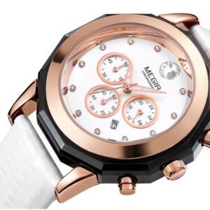 MEGIR 2042 Blanche Montre Femme Chronographe bracelet en cuir montres à quartz avec date lumineux