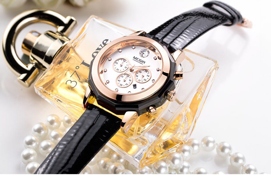 MEGIR 2042 Noir Montre Femme Chronographe bracelet en cuir montres à quartz avec date lumineux