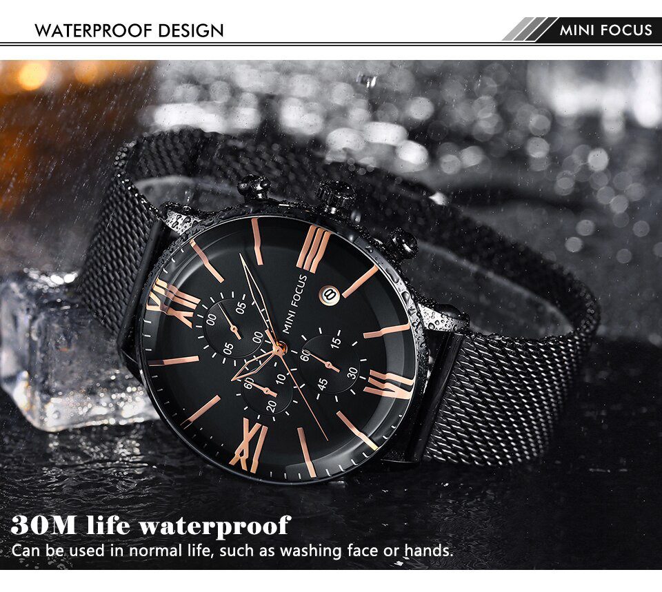 MINI FOCUS MF0236G Noir Montre pour homme Montre-bracelet à quartz en acier avec calendrier