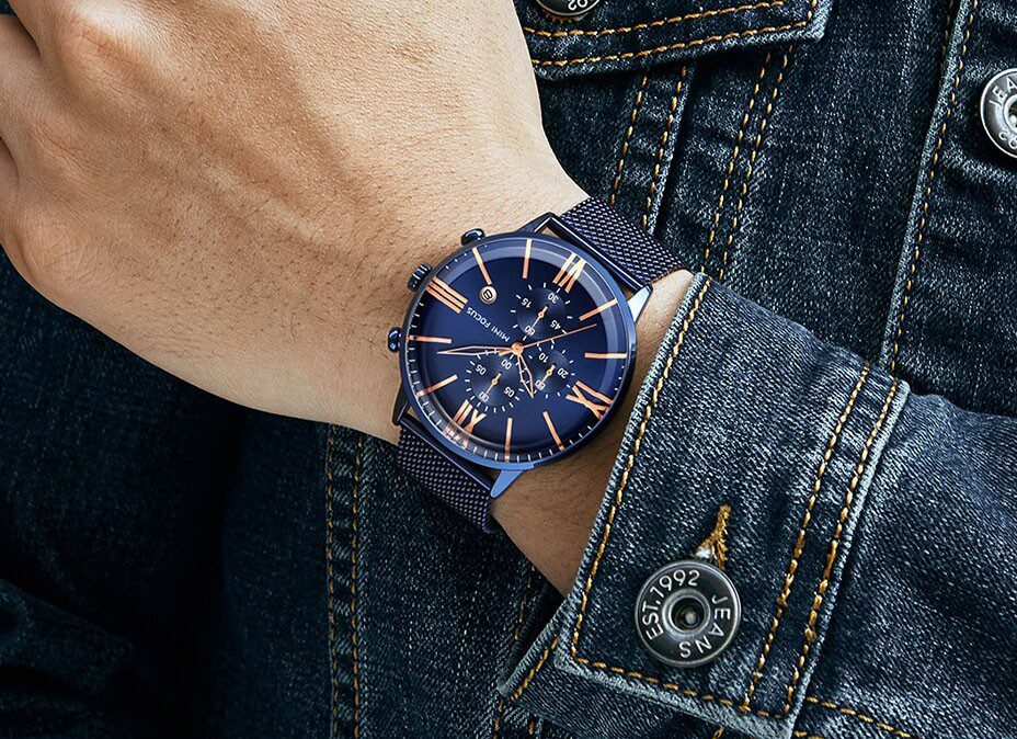 MINI FOCUS MF0236G Bleu Montre pour homme Montre-bracelet à quartz en acier avec calendrier