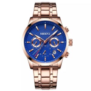 NIBOSI 2313 Montre à Quartz pour Homme Style Sportif décontracté Étanche Bracelet en Acier Inoxydable Bronze-Bleu