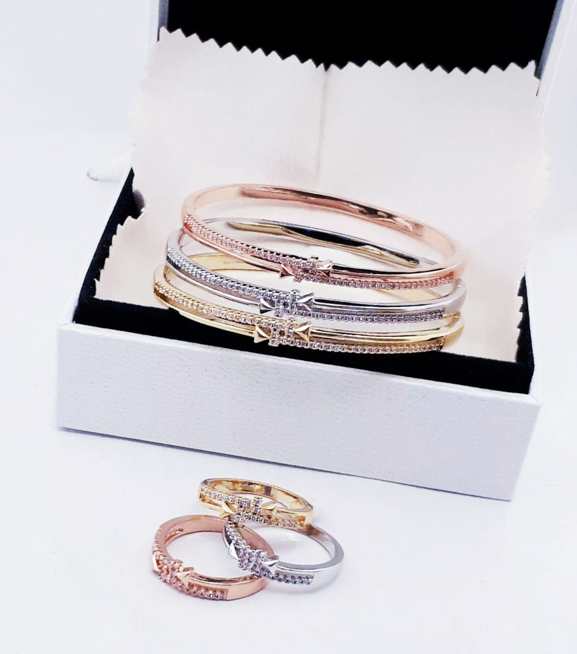 Ensemble de 3 bracelets et bagues en acier inoxydable - argent, or rose et couleurs or 329L