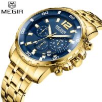MEGIR 2068 Doré-Bleu Montre chronographe à quartz pour homme