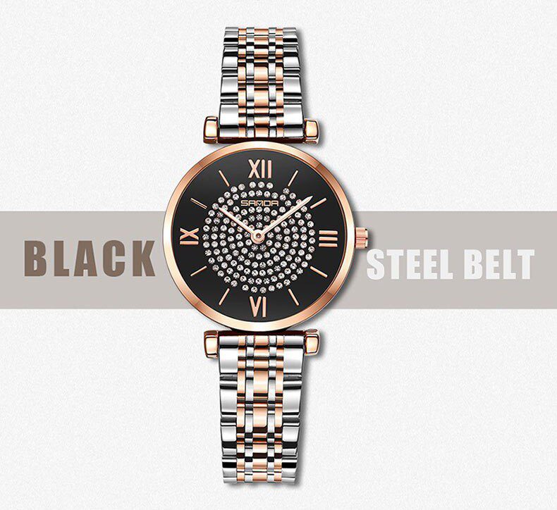 SANDA 1012 Noir Montre de luxe Pour Femme à quartz Bracelet en acier inoxydable
