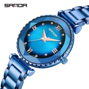 SANDA luxe Bleu montre pour femme minimaliste en acier inoxydable maille montre de mode étanche femmes à Quartz