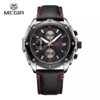 MEGIR 2074 Sports montre chronographe pour homme avec bracelet cuir noir rouge Chiffres étanche