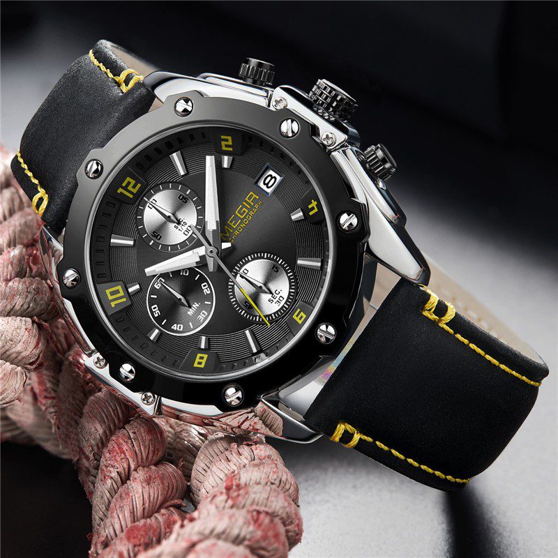 MEGIR 2074 Sports montre chronographe pour homme avec bracelet cuir noir jaune Chiffres étanche