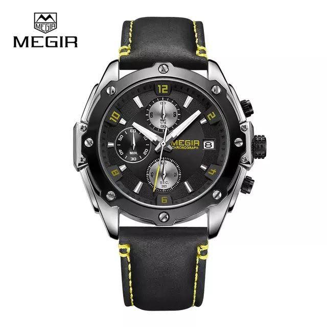 MEGIR 2074 Sports montre chronographe pour homme avec bracelet cuir noir jaune Chiffres étanche