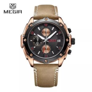 MEGIR 2074 Sports montre chronographe pour homme avec bracelet cuir Café Gold Chiffres étanche