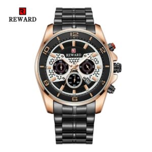REWARD RD63078M Noir Rose Gold Montre-bracelet À Quartz pour Homme, Analogique, Multi-chronographe, Pointeur Lumineux