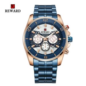 REWARD RD63078M Bleu Rose Gold Montre-bracelet À Quartz pour Homme, Analogique, Multi-chronographe, Pointeur Lumineux