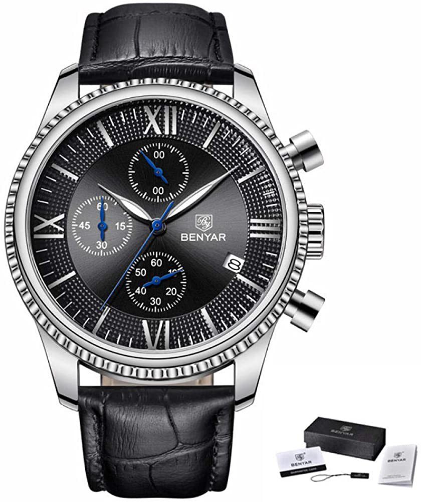 BENYAR BY-5129M montre pour hommes chronographe à Quartz bracelet en cuir Noir