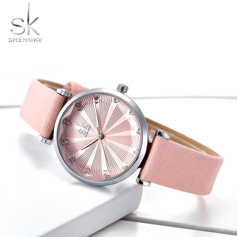 SHENGKE K00099 Rose montres femmes bracelet en cuir décontracté étanche horloge
