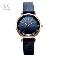 SHENGKE K00099 Bleu montres femmes bracelet en cuir décontracté étanche horloge