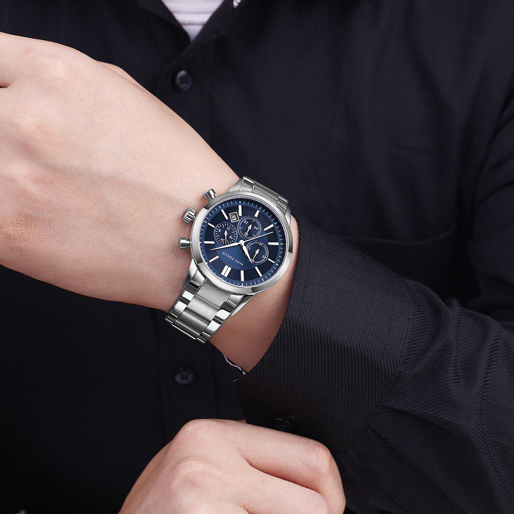 MINI FOCUS MF0188G Argenté Bleu montre pour homme bracelet en acier inoxydable à Quartz étanche marque de luxe