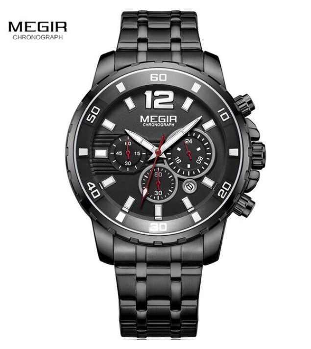 MEGIR 2068 Entièrement Noir Montre chronographe à quartz pour homme