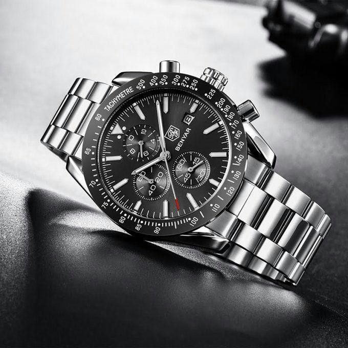 BENYAR BY 5140M Argenté Noir montre hommes de luxe chronographe