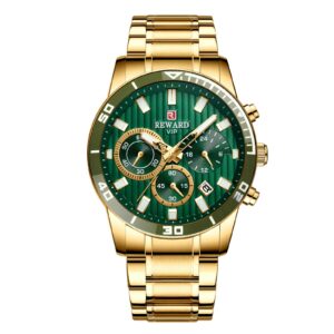 REWARD RD81009M Or Cadran Vert montre à Quartz chronographe luxe de marque pour hommes en acier inoxydable