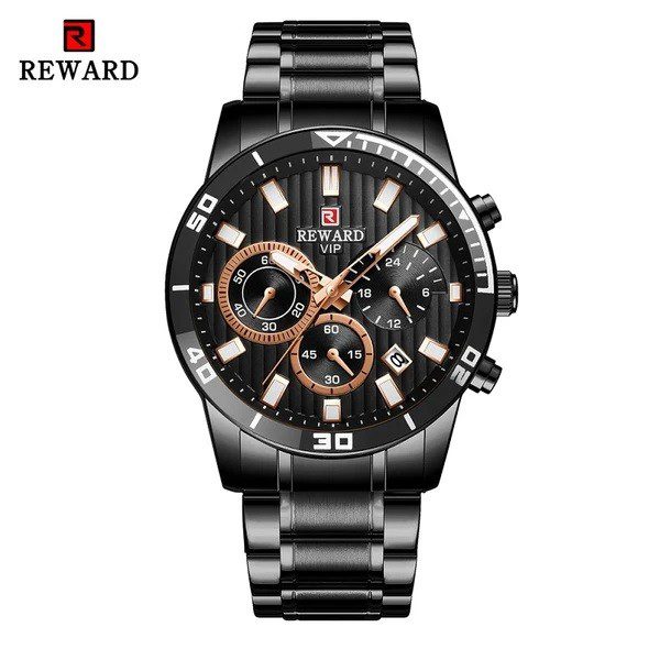 REWARD RD81009M Noir montre à Quartz chronographe luxe de marque pour hommes en acier inoxydable
