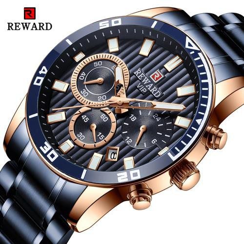 REWARD RD81009M Bleu montre à Quartz chronographe luxe de marque pour hommes en acier inoxydable