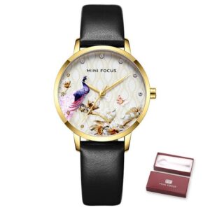 Mini Focus MF0330L Noir Montre à Quartz pour Femme Cadran Paon Bracelet en Cuir véritable