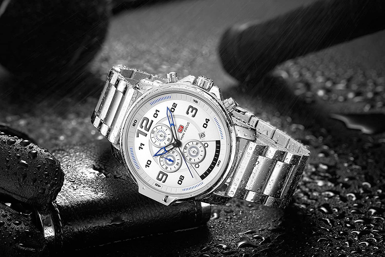 MINIFOCUS MF0229G Argenté Montre à quartz étanche pour homme avec calendrier et chronographe, bracelet en acier inoxydable