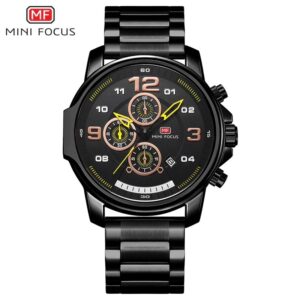 MINIFOCUS MF0229G Noir Montre à quartz étanche pour homme avec calendrier et chronographe, bracelet en acier inoxydable