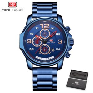 MINIFOCUS MF0229G Bleu Montre à quartz étanche pour homme avec calendrier et chronographe, bracelet en acier inoxydable
