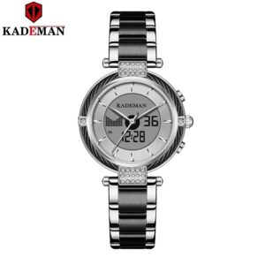 KADEMAN K9080 Argenté Noir montre bracelet à Quartz pour femmes étanche double affichage LCD de Luxe
