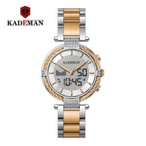 KADEMAN K9080 Argenté Or montre bracelet à Quartz pour femmes étanche double affichage LCD de Luxe