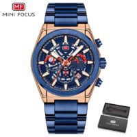 MINIFOCUS MF0339G Bleu Montre à quartz étanche pour homme avec calendrier et chronographe, bracelet en acier inoxydable
