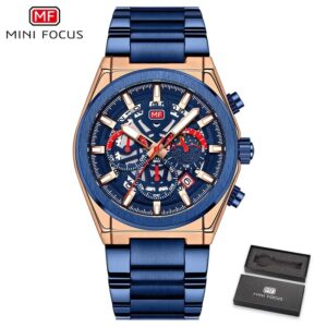 MINIFOCUS MF0339G Bleu Montre à quartz étanche pour homme avec calendrier et chronographe, bracelet en acier inoxydable