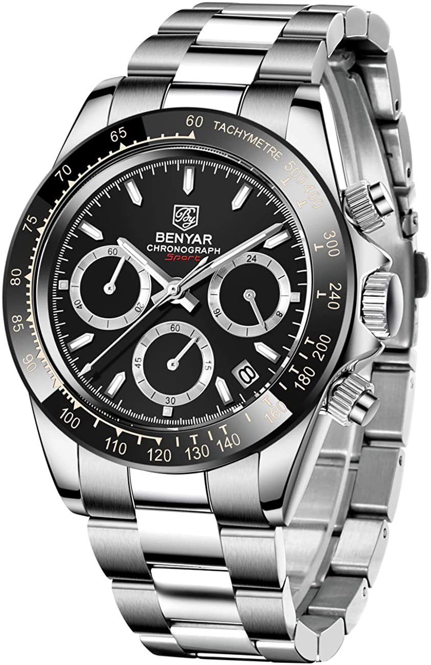 BENYAR BY-5169 Argenté Noir Montre classique pour homme avec chronographe et bracelet en acier inoxydable