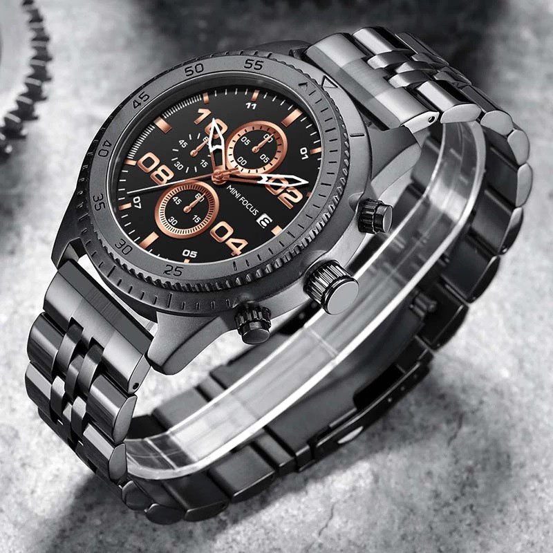 MINIFOCUS MF0230G Noir analogique pour hommes, bracelet en acier inoxydable, montre chronographe analogique