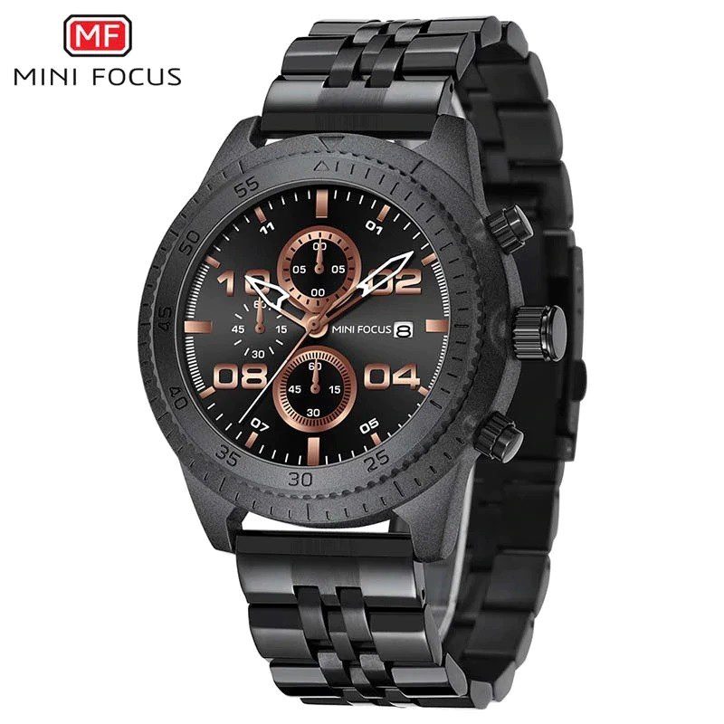 MINIFOCUS MF0230G Noir analogique pour hommes, bracelet en acier inoxydable, montre chronographe analogique