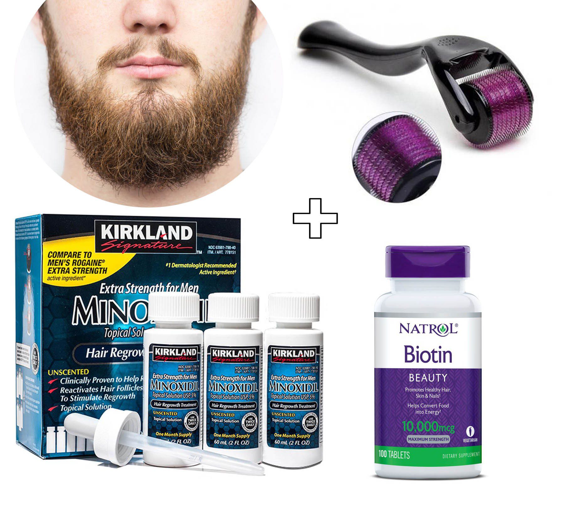 Pack MINOXIDIL 5% Kirkland Signature – 3 Bouteilles de 60ml – Natrol Biotine 100 comprimés et Roller dermatologie 0,5 mm