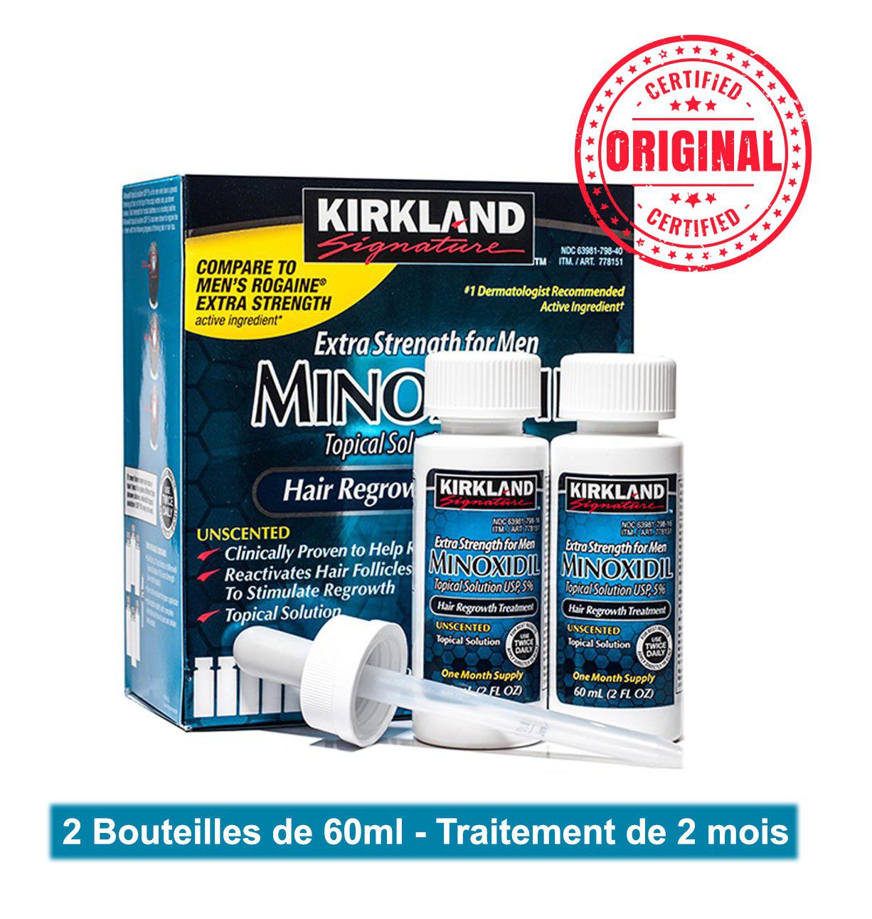 L’original MINOXIDIL 5% Kirkland Signature – 2 Bouteilles de 60ml – Traitement de 2 mois