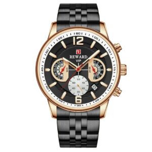 REWARD-81017 Noir montre à Quartz pour hommes, marque de luxe, étanche, chronographe, entièrement en acier