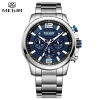 MEGIR – 2154 Argenté Bleu montre de Sport pour hommes, chronographe étanche, entièrement en acier