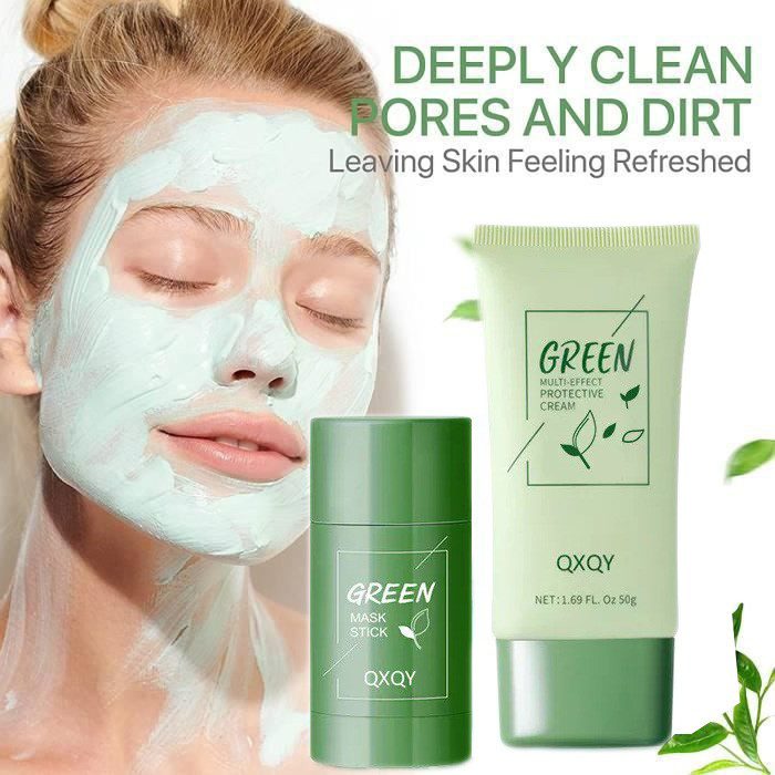 QXQY Kit soin du visage au thé vert Oil Control Masque nettoyant solide Crème nettoyante et protectrice multi-effets