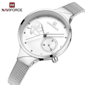 NAVIFORCE NF5001 argenté montre à Quartz pour femmes, bracelet en maille, en acier inoxydable