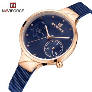 NAVIFORCE NF5001 bleu montre à Quartz pour femmes, bracelet en maille, en acier inoxydable