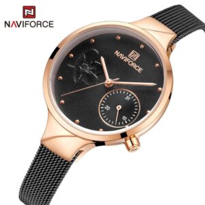 NAVIFORCE NF5001 noir montre à Quartz pour femmes, bracelet en maille, en acier inoxydable