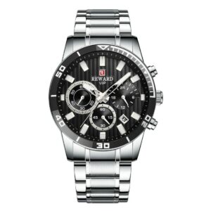 REWARD RD2132 Argenté Noir montre à Quartz chronographe luxe de marque pour hommes en acier inoxydable